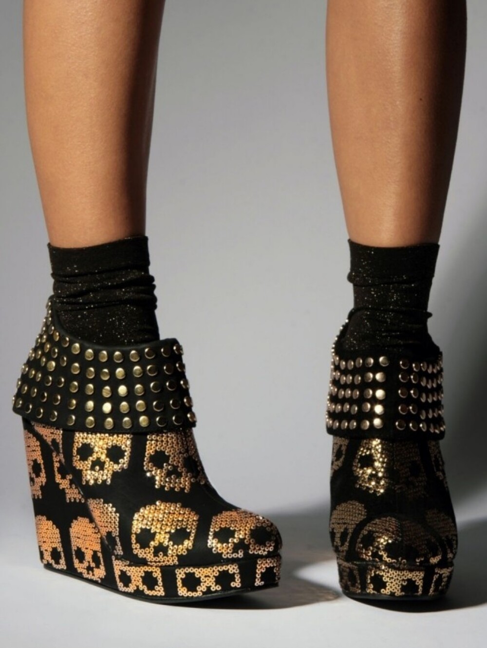 Iron Fist Black & Gold Studded Skull Wedge Ankle Boots